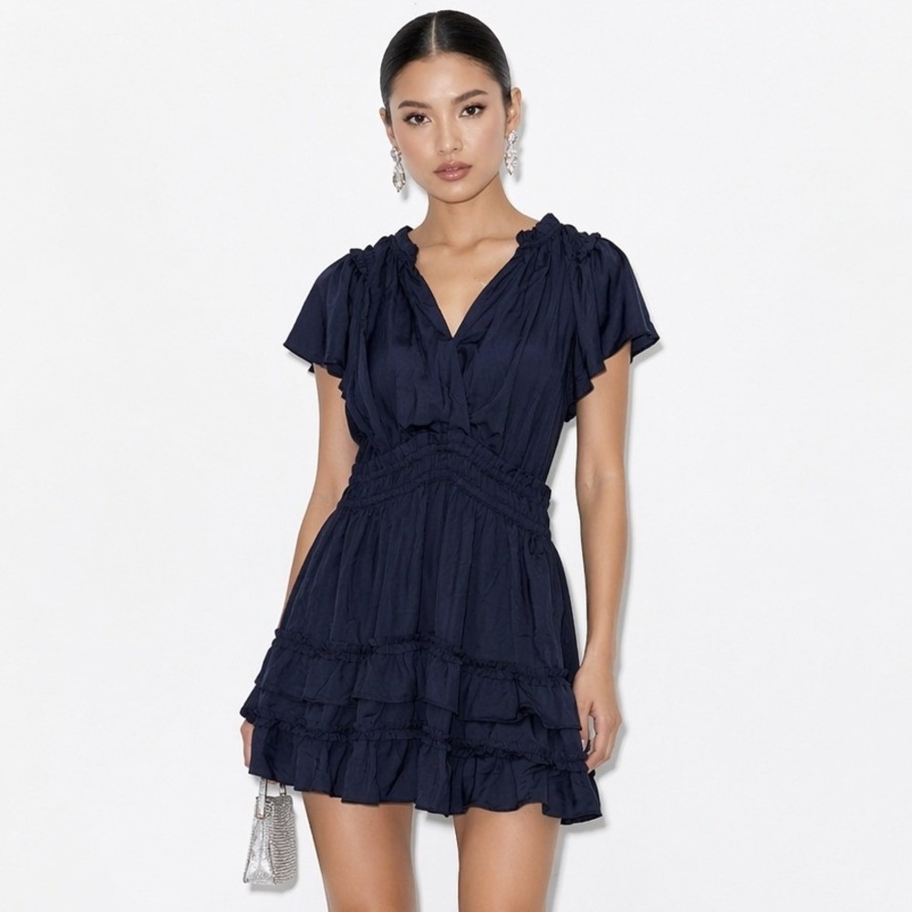 Rielle Navy Blue Ruffle Mini Dress Smocked Waist Flutter Sleeve Size L NWT